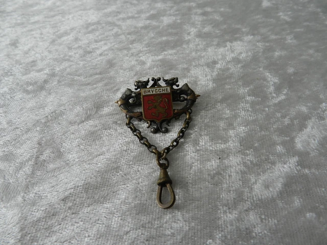 Ancienne broche émaillée porte montre à gousset Art Nouveau plaqué argent et or