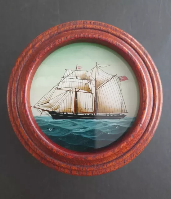 Antique Mahogany With Reverse Painted Sail Ship On Glass Lid Stamp Box