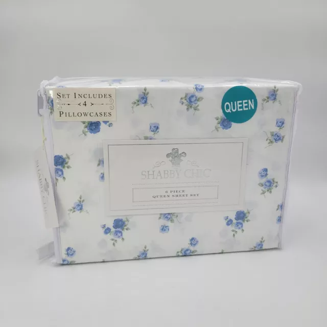 NEW Shabby Chic Rachel Ashwell QUEEN Sheets Set White w/ Blue Roses Floral #464