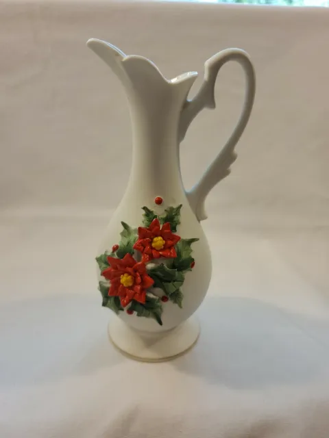 Vintage Lefton China Poinsettia Holiday Vase Pitcher 7" Japan