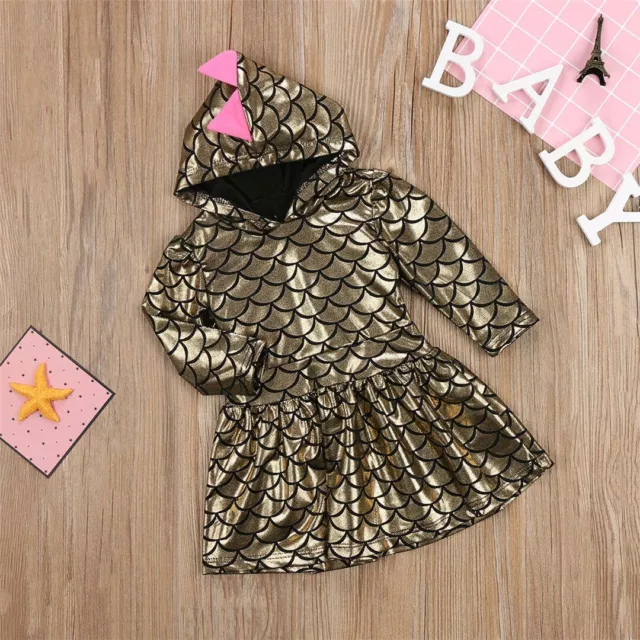 Kid Baby Girls Hooded Dinosaur Costume Party Pageant Fish Scales Dress Outfit 3