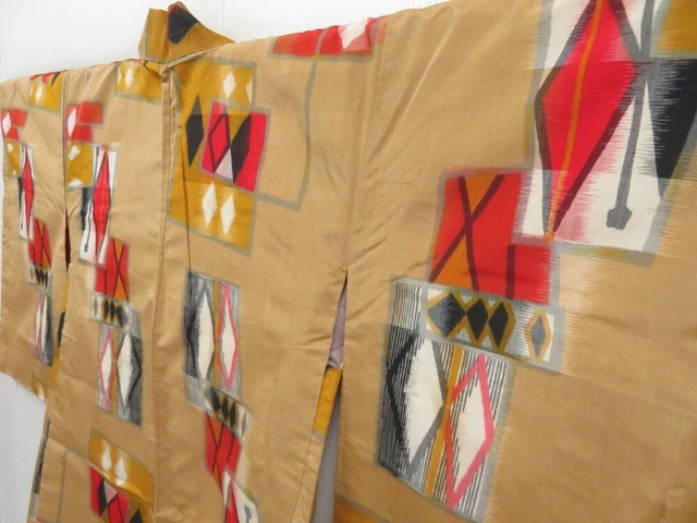 2924T01z540 Vintage Japanese Kimono Silk MEISEN HAORI Kasuri Yellow ochre 2