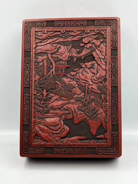 Large Chinese Cinnabar Trinket Box Vintage Hand Carved Red Lacquer Asian Antique