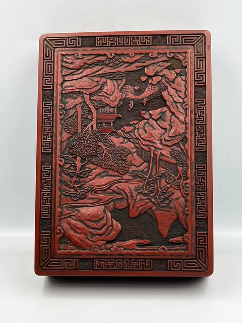 Large Chinese Cinnabar Trinket Box Vintage Hand Carved Red Lacquer Asian Antique