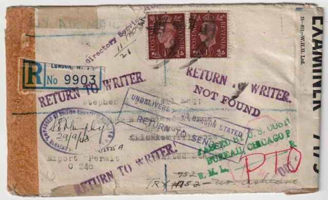 GB 1943 GVI WWII Censored & Much Travelled Registered Cover Multiple Handstamps