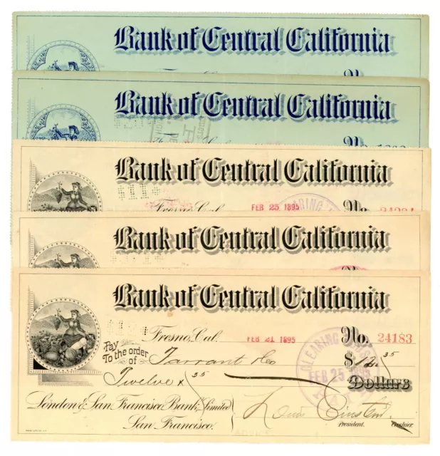 5 Feb & Dec, 1895 Bank of Central California, San Francisco, California Checks