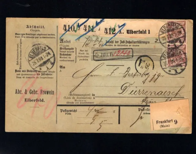 Dt. Reich 1899 - Paketkarte mit 3 Paaren, Marken mit Perfin   (a898)
