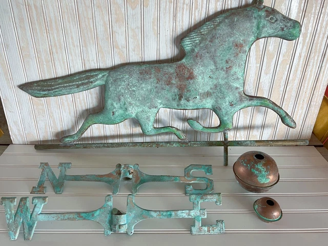 Antique Original 1900s Brass & Copper Pointer Racing Horse Weathervane Petina