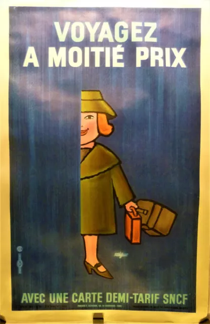 affiche ancienne originale Savignac SNCF voyagez 1968 entoilée