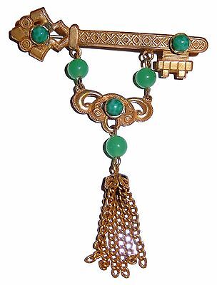 Art Deco Max Neiger Brooch KEY Pin Green Czech Glass Beads Etched Gold Plate