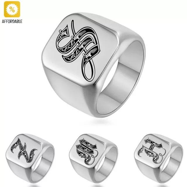 Hip Hop Ring Men Stainless Steel Rings Silver Color Initial Engrave A-Z Anillos