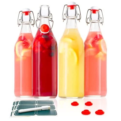 Swing Top Glass Bottles with Ceramic Caps - 1 Liter, 4 Pack - Clear Glas...