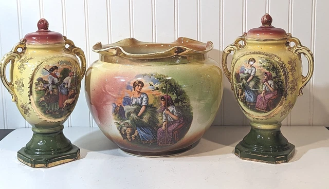 1890's Porcelain 3 Piece English Jardiniere & Urn Set Women Sheep Herder Antique