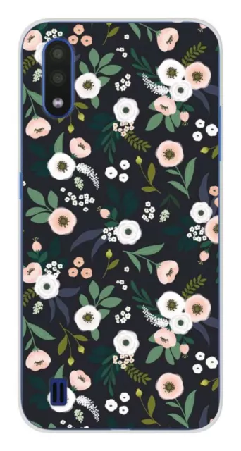 Coque en silicone imprimée compatible Samsung Galaxy A01 Flowers Noir