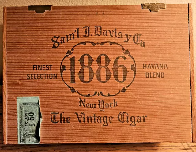 Vintage ~ Sam'l J Davis 1886~ Wooden Cigar Box with Hinges, Tax Stamp, Dovetail