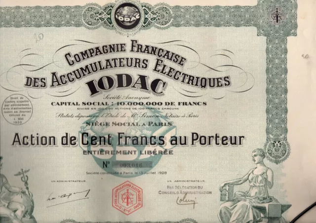 Action Compagnie Française des Accumulateurs Electriques IODAC, 1928