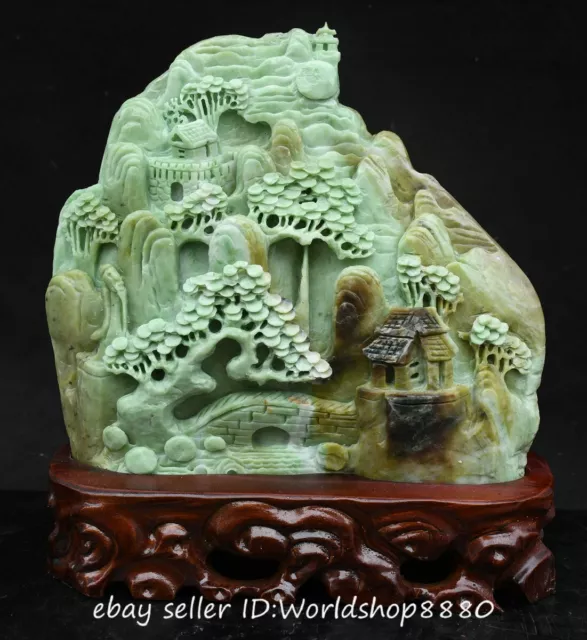 10" Chinese Natural Green Dushan Jade Carving Tree House mountain bridge Statue