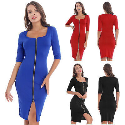 Women Club Sexy Bodycon Midi Long Zipper Front Dress Party Cocktail Evening Prom