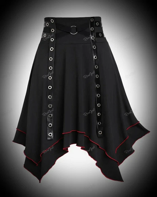New Gothic Black Red Trim Studded Strap Hanky Hem Short Skirt size 2XL 20 22 24