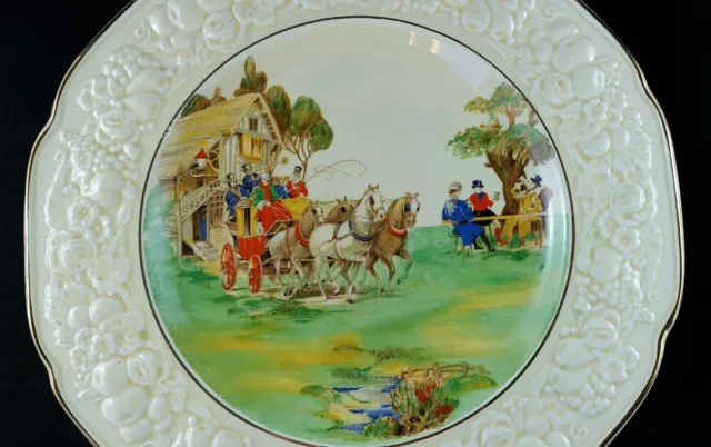 Rare English Crown Ducal Florentine Plate in Ye Old Tavern Scene C1930s 3