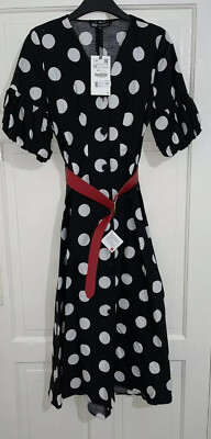 Zara Black White Polka Dot Print Puff Sleeves Midi Dress With Red Belt Size Xs