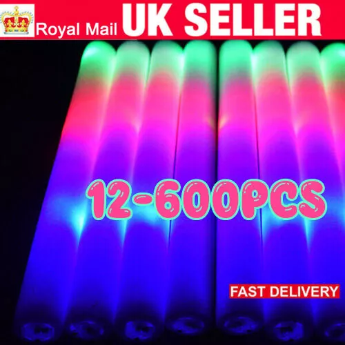 12-600PCS Light Up LED Foam Sticks Party Rave Rally Bulk Glow Flashing Wands UK