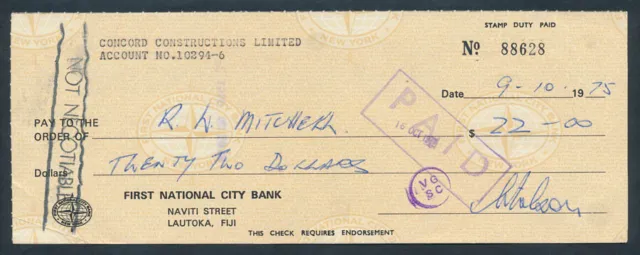 Fiji: USA 1970s First National City Bank SCARCE CHEQUE ON "LAUTOKA".
