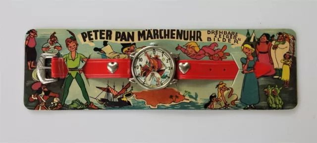 1950s vintage PETER PAN red TOY WATCH germany rotate character DISNEY PROD NOS