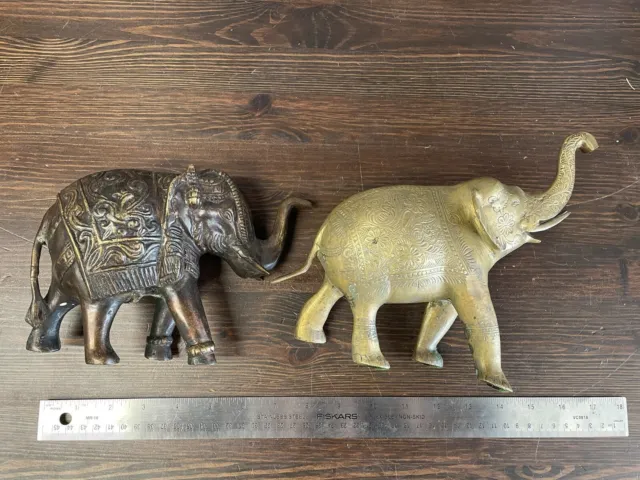 Lot of 2 ELEPHANT TRUNK UP Vintage Decorative Art Statues Cast Metal Bronze Pair