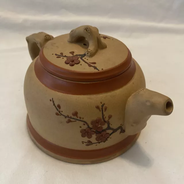 Chinese Yixing Zisha Clay Teapot Redware Marked Tree Red Flowers
