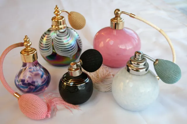 5 Vintage Glass Perfume Atomisers - Art Glass, Iridescent and Royal Brierley