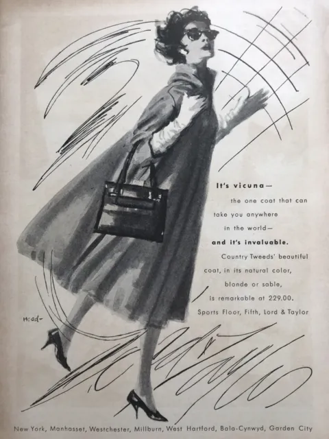 1958 Lord & Taylor PRINT AD Dorothy Hood Art Illustrated Vicuna Coat VINTAGE