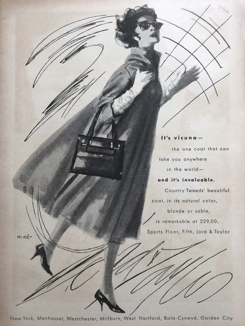 1958 Lord & Taylor PRINT AD Dorothy Hood Art Illustrated Vicuna Coat VINTAGE 1958 Lord & Taylor PRINT AD Dorothy Hood Art Illustrated Vicuna Coat VINTAGE