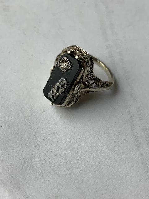 Antik 14 K Weiß Gold Filigran Trauer Rosa Ring 1929 Größe 3.5
