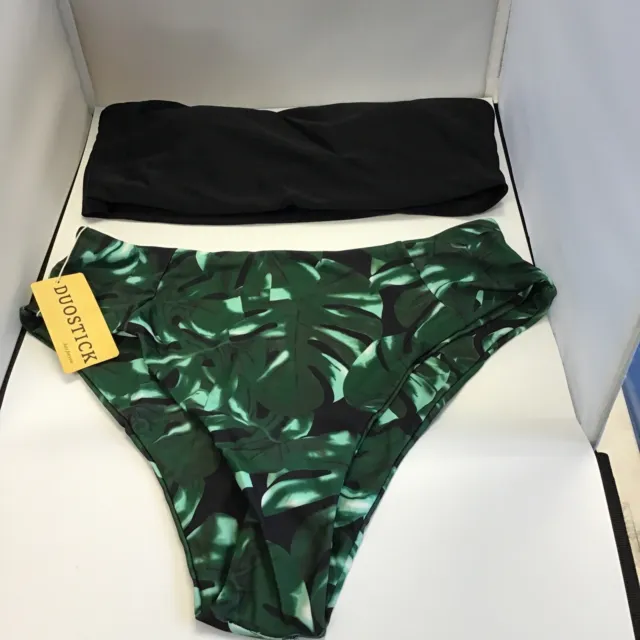 Duostick Women Two Pieces Swimsuit Black Top &  Leaf Print Flounce bottom  XL