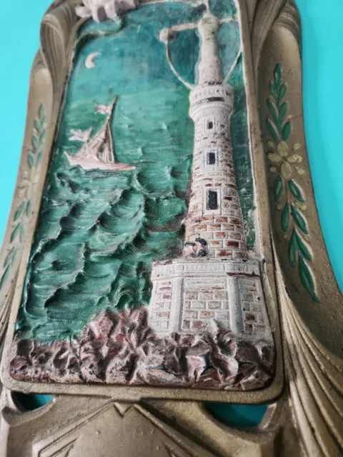 Antique Art Nouveau Hand Painted Lighthouse Scene Cast Iron Wall Plaque