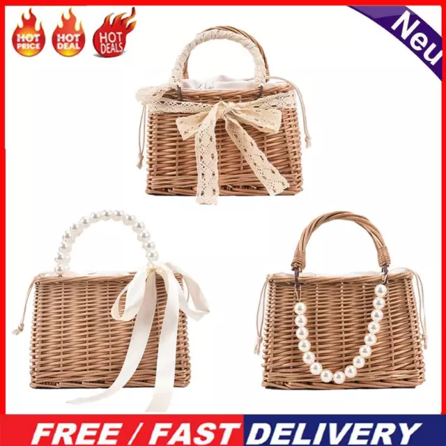 Retro Women Rattan Woven Pearl Tote Bags Ladies Beach Solid Color Basket Handbag