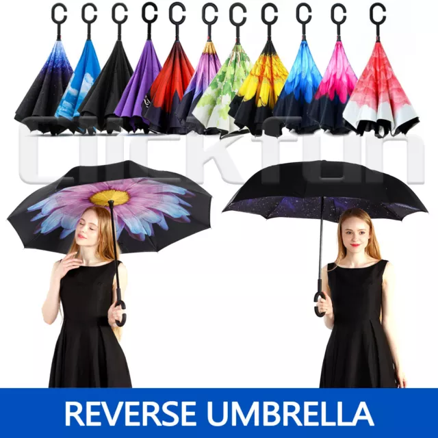 Umbrella C-handle Reverse-Design Windproof Double Layer Upside Down Inverted AU