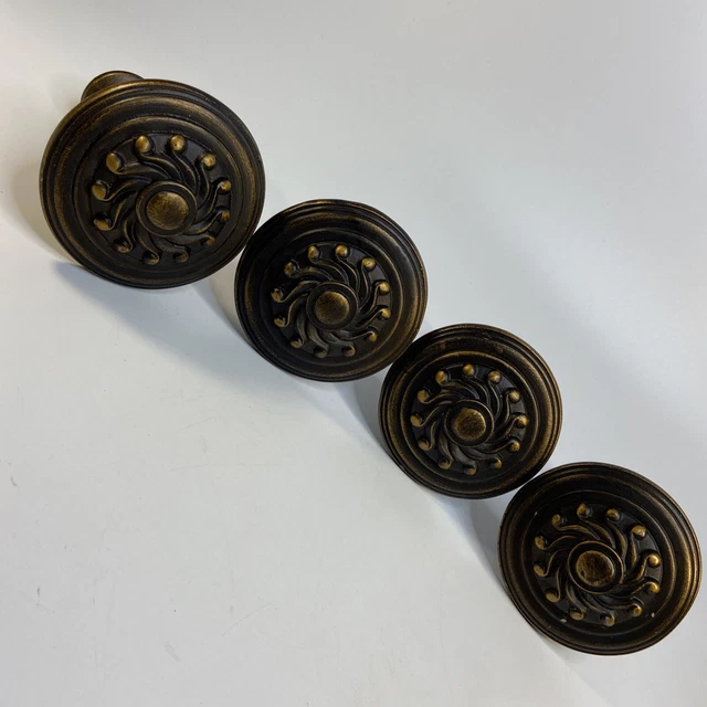 Vtg Resin Medallion  Antique Brass Finish Drapery Curtain Tie Back Holder Set 4