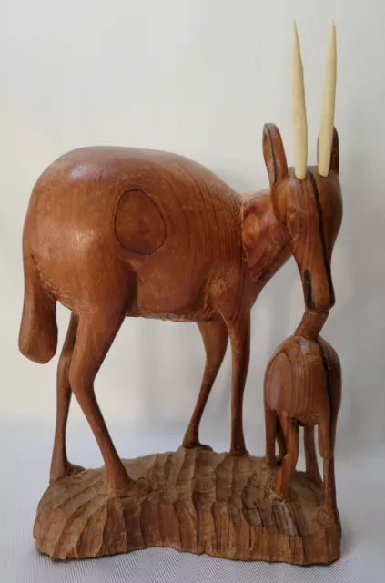 Vintage African Hand Carved Wooden Animal Sculpture Mother & Baby Cote D'ivoire