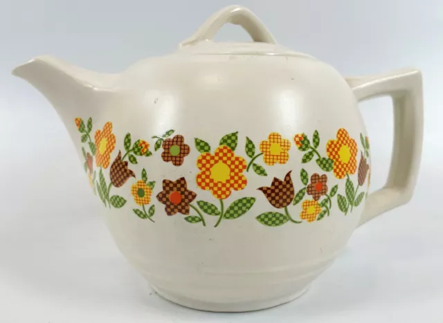 Vintage 8.5" McCoy Plaid Cream Orange Flower Power Ceramic Pottery Tea Teapot