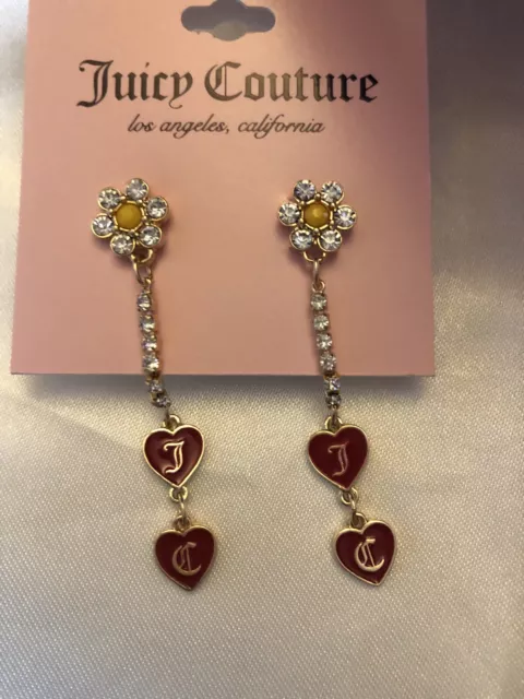 Juicy Couture Gold Tone CZ Flower & Chain Drop Earrings With JC Red Hearts NWT