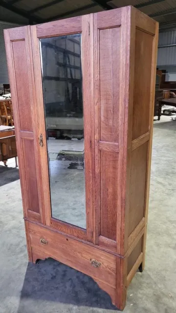 Antique Edwardian oak single wardrobe mirrored door drawer bracket feet bedroom