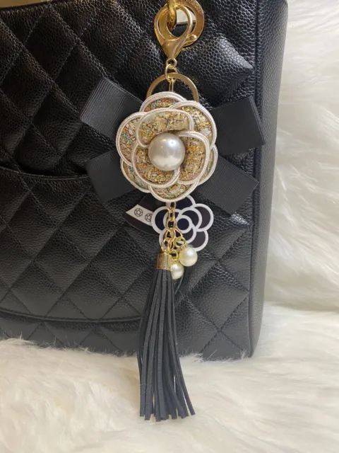 Camellia flower Pearl Pendant Bag Charm Keychain Tassel Bow Gold Beige Tweed
