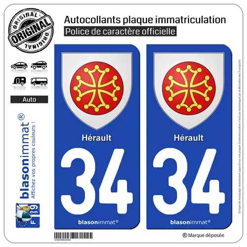 2 Stickers autocollants plaque d'immatriculation auto | 34 Hérault - Armoiries