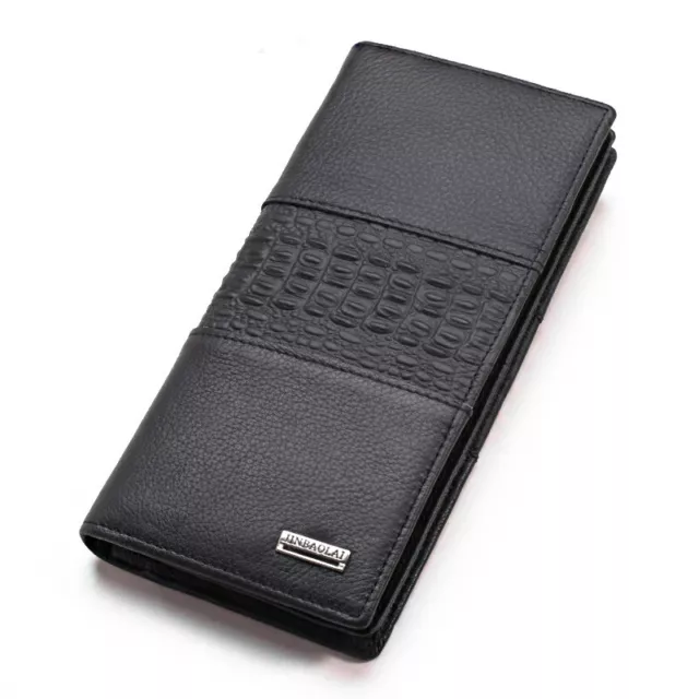Men's 100% Genuine Leather Black Clutch Long Wallet Business Card Holder