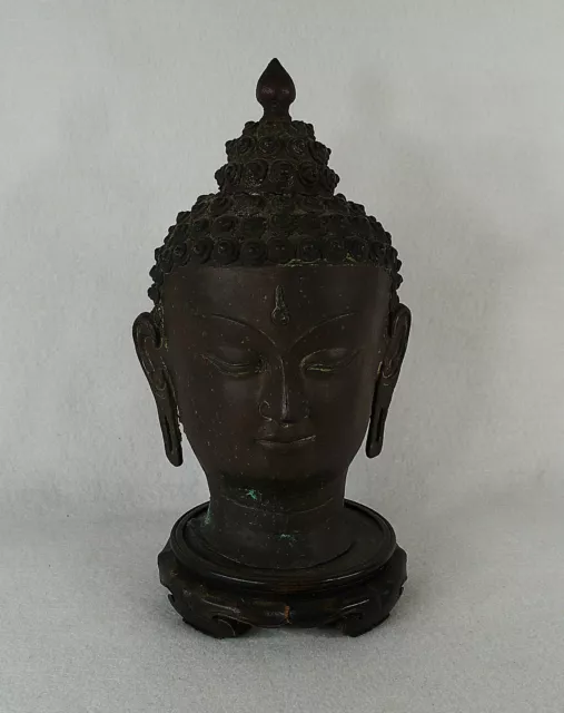 Antique Asian Bronze Buddha Head on Stand 11" 27 cm