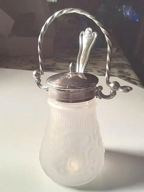 Vintage German Frosted Glass Mustard/Condement Pot W/Sterling Spoon