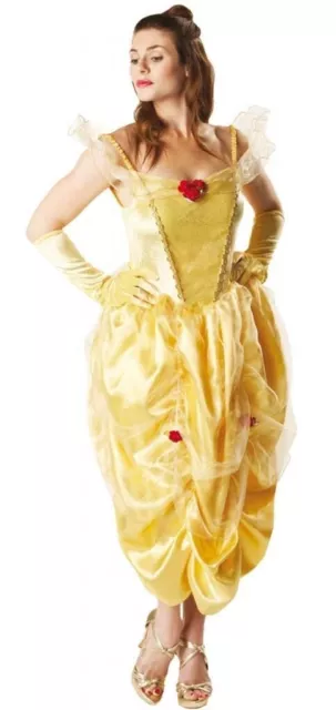 Ladies Deluxe Princess Belle Costume Golden Disney Beauty Fancy Dress Uk 12-14