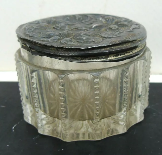 Antique Vanity Powder Cream Jar Sterling Silver Repousse Lid